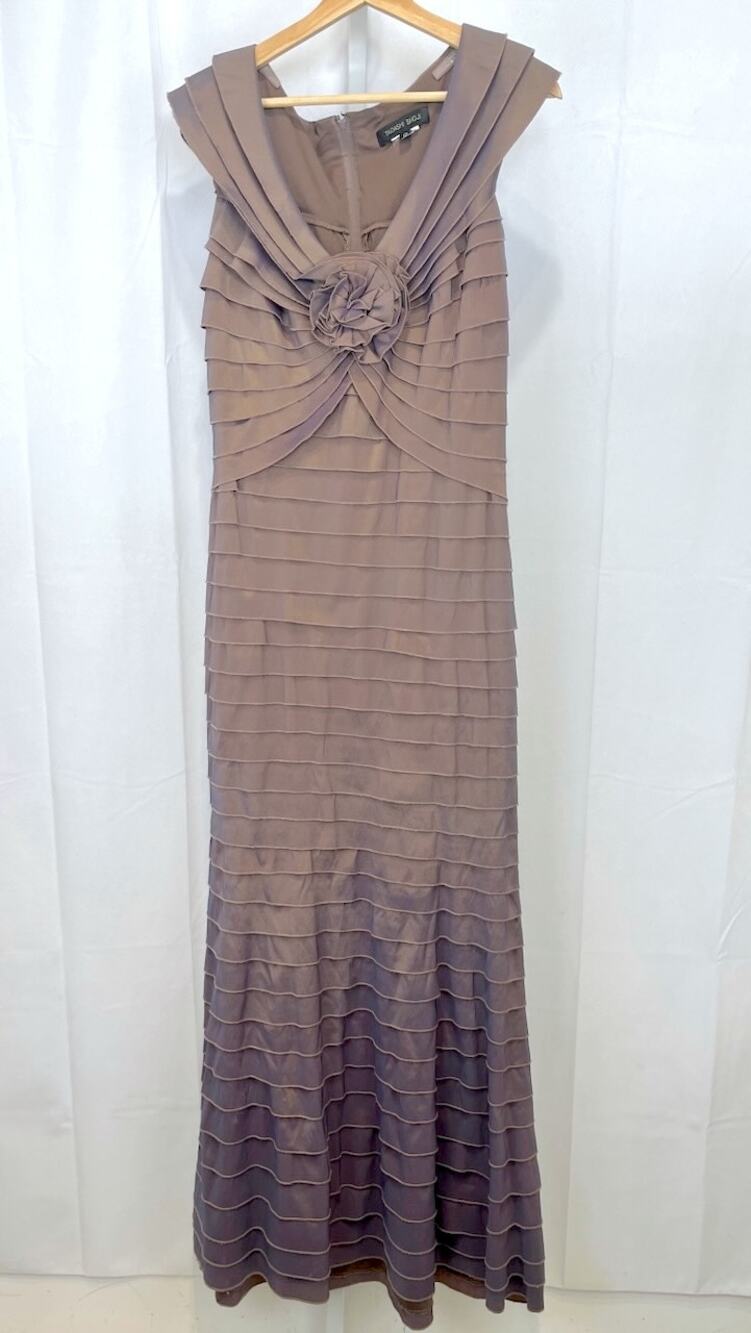 TADASHI SHOJI Tiered Rosette Maxi Dress V Neck Sleeveless Shimmer Brown Size 12